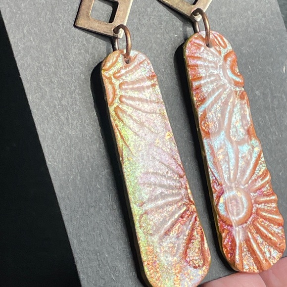 Artisan Made Floral Embossed Shimmering Orange And Pink Dangle Boho Earrings - Picture 5 of 7